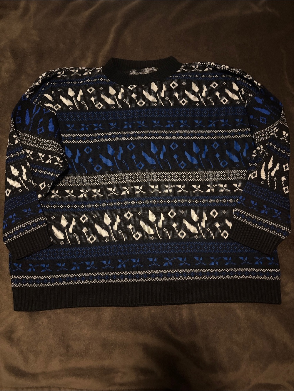 Men's Crewneck Patterned Sweater - Blue, Black & White